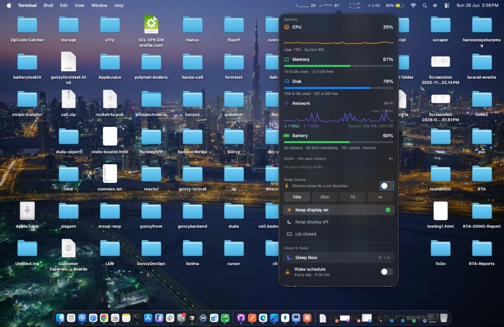 AppleJuice menu bar popover with vitals, per-app volume, Keep Awake and Sleep controls
