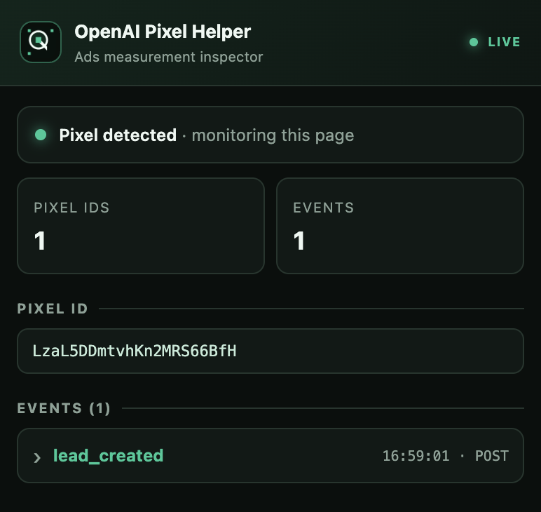 OpenAI Pixel Helper showing a lead_created event